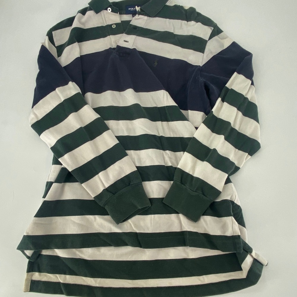 Polo Golf Ralph Lauren Mens XL Long Sleeve Striped Rugby Polo Shirt Green Navy